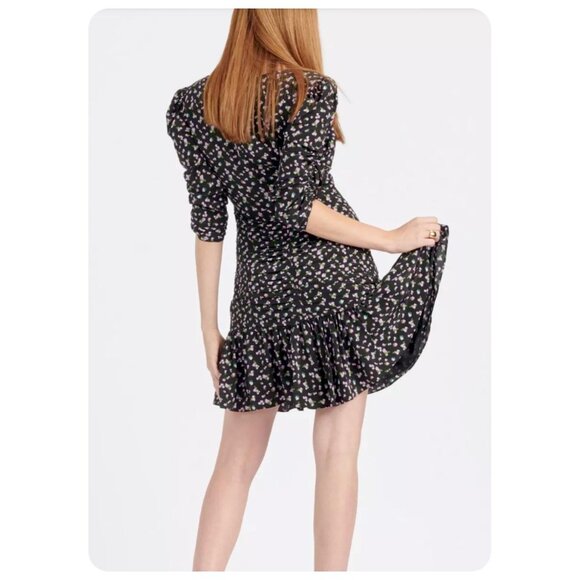 Tanya Taylor Black Floral Pansy Puff Sleeve V-Neck Ruched Flounce Silk Dress - Picture 3 of 12